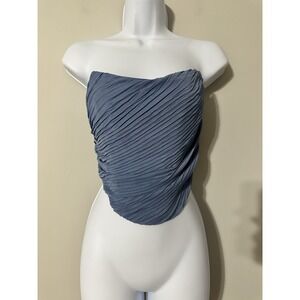 JLUXLABEL Blue Pleated Bustier Top Asymmetrical Hem Corset S Front Zip